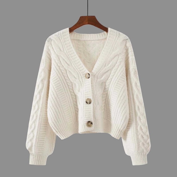 Snorda Cable Knit Cardigans for Women V Neck Cropped Cardigan Long Sleeve Button Front Soft Loose Cardigan Sweater for Fall Winter Outdoors Layering Wear