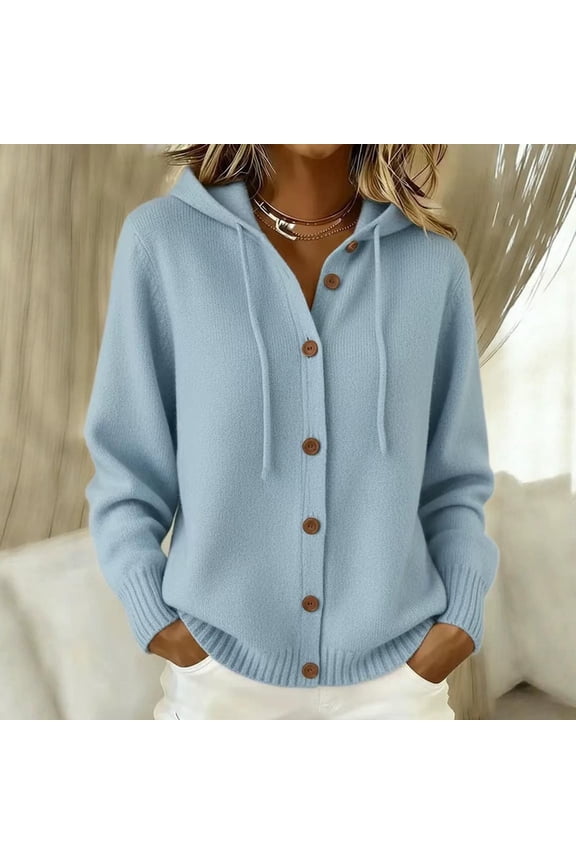 Cardigan Sweaters for Women Hooded Drawstring Knit Cardigan Sweater Long Sleeve Button Front Solid Loose Soft Sweater Casual Fashion Sweater for Fall Winter Daily Wear