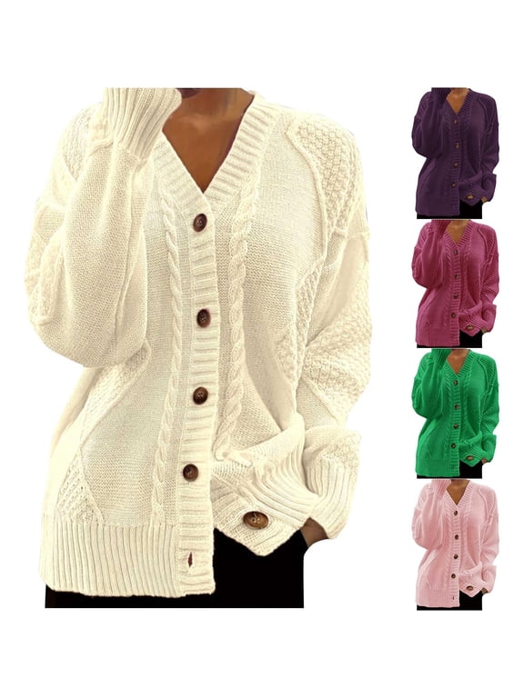 Cardigans for Women V Neck Patchwork Cable Knit Cardigan Long Sleeve Button Front Casual Loose Soft Cardigan Sweater for Fall Winter Layering Outerwear