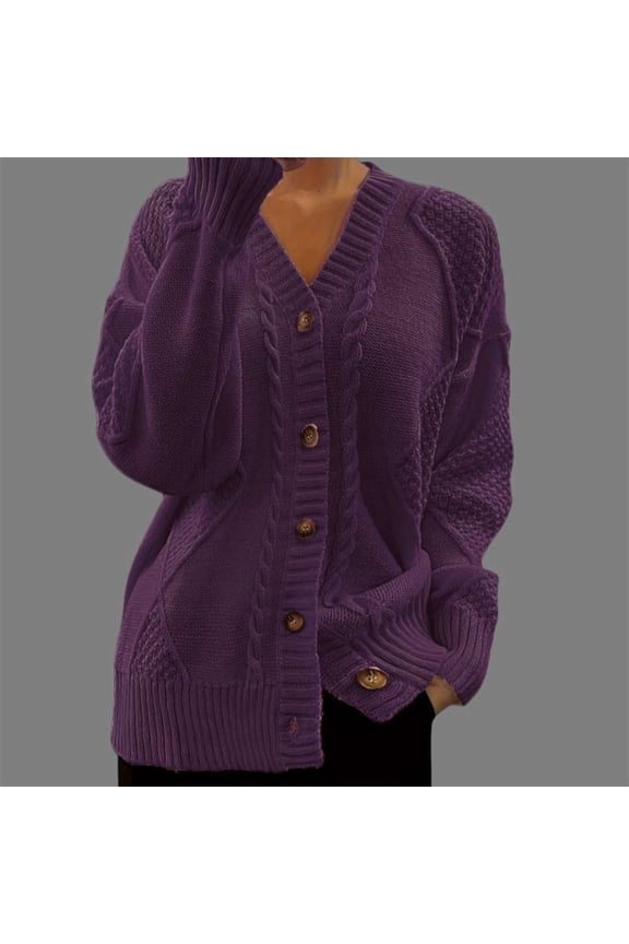 Cardigans for Women V Neck Patchwork Cable Knit Cardigan Long Sleeve Button Front Casual Loose Soft Cardigan Sweater for Fall Winter Layering Outerwear