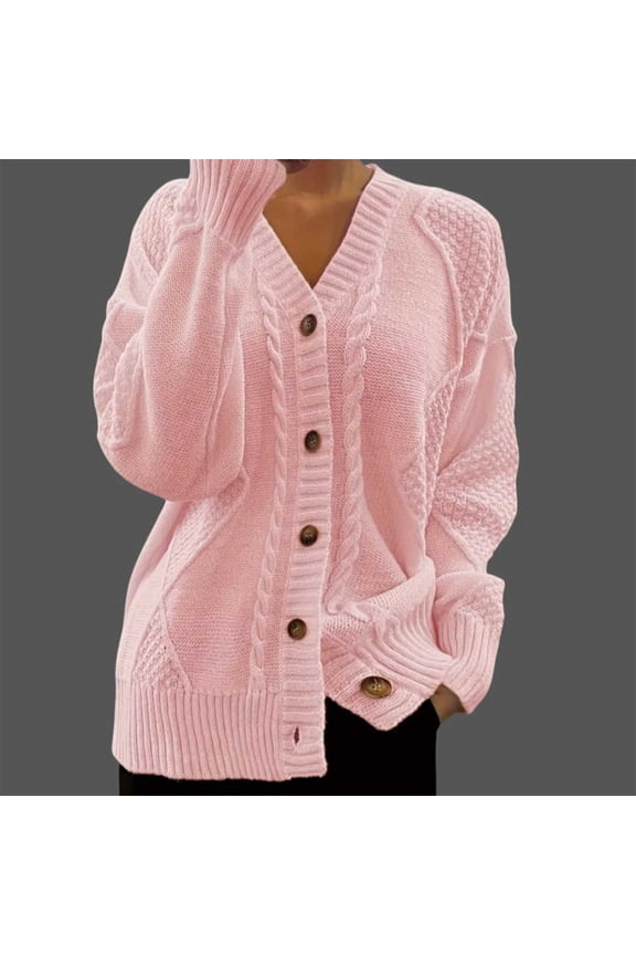 Cardigans for Women V Neck Patchwork Cable Knit Cardigan Long Sleeve Button Front Casual Loose Soft Cardigan Sweater for Fall Winter Layering Outerwear