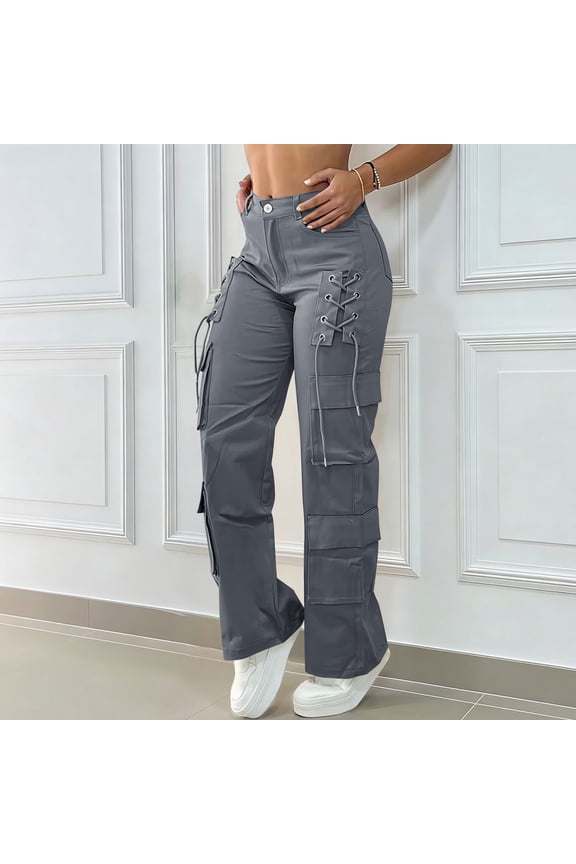 Cargo Pants for Women Drawstring Elastic Waist Long Pants Ladies Solid Color Casual Loose Lightweight Cargo Pants with Multiple Pockets