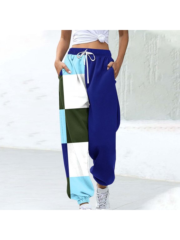 Color Block Plaid Sweatpants for Women High Waist Drawstring Elastic Waist Joggers Pants Patchwork Sweat Pants with Pockets Soft Loose Casual Streetwear Joggers for Ladies