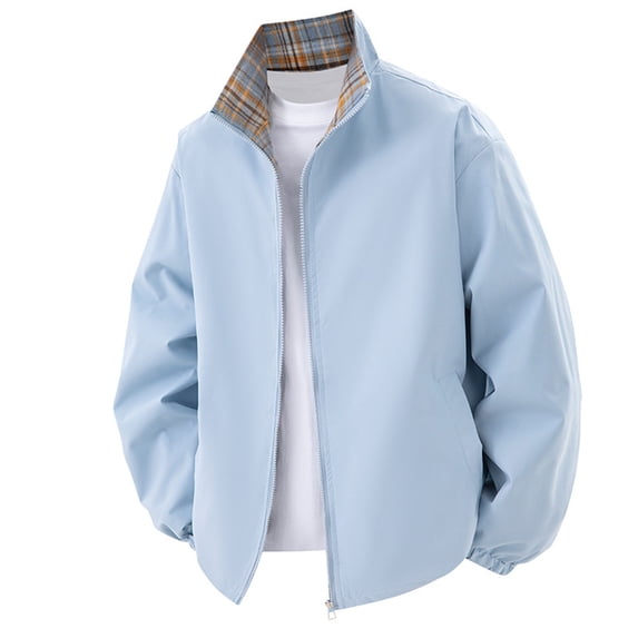 Snorda Deal Jackets for Men Stand Collar Lightweight Windbreaker Jacket Plaid Lined Elastic Cuffs Side Pockets Casual Loose Comfy Reversible Jacket for Fall Winter Everyday Wear