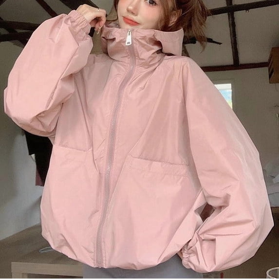 Snorda Deal Jackets for Women Loose Hooded Windbreaker Jacket Full Zip Lightweight Rain Jacket with Pockets Solid Color Long Sleeve Jackets for Fall Daily Wear