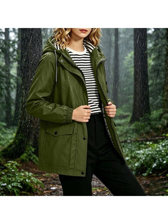 Deal Jackets for Women Mid-Length Hooded Rain Jacket Waterproof Windproof Jackets with Striped Lined Hood Casual Solid Loose Pockets Jacket for Fall Outdoors Wear
