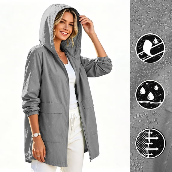 Snorda Deal Jackets for Women Mid-Length Hooded Waterproof Windproof Full Zip Rain Jacket with Pockets Solid Loose Soft Quickdry Raincoat for Fall Hiking Camping Wear
