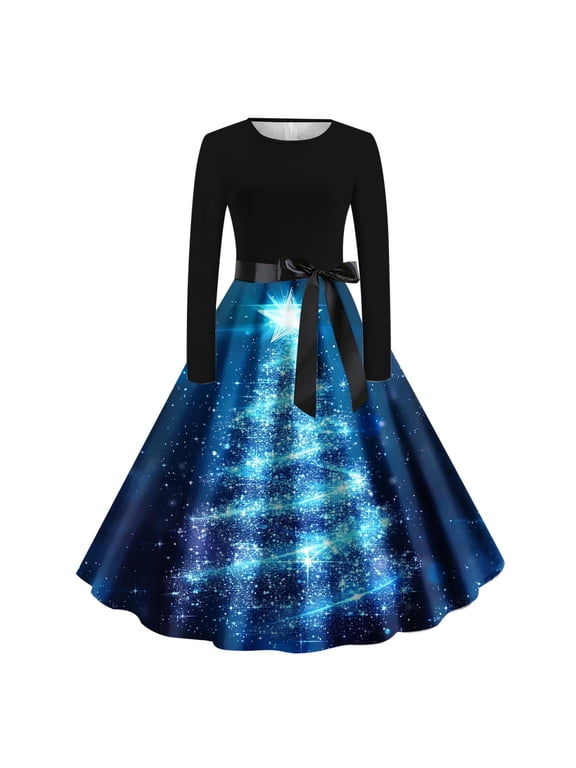 Dresses for Women Christmas Print Dress Crew Neck Long Sleeve Dress with Bow Waist Vintage Flowy Fall Winter Dress for Holiday Festive Party Wear