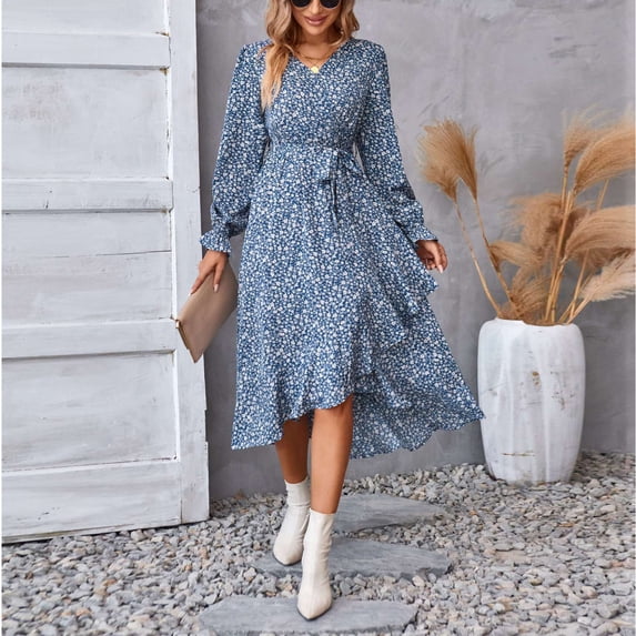 Snorda Dresses for Women Floral Print Irregular Midi Dress V Neck Long Sleeve Dresses with Tied Waist Casual Flowy Fall Winter Dress for Daily Commute Outfits