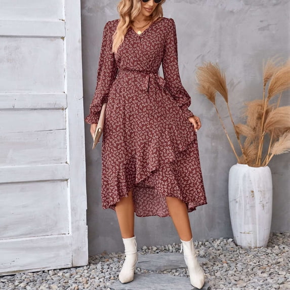 Snorda Dresses for Women Floral Print Irregular Midi Dress V Neck Long Sleeve Dresses with Tied Waist Casual Flowy Fall Winter Dress for Daily Commute Outfits