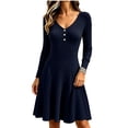 thumbnail image 1 of Snorda Dresses for Women Ribbed Knit Long Sleeve Midi Dress V Neck Button Front A-Line Flared Dress Soft Stretchy Casual Knee Length Dresses for Fall Winter Daily Wear, 1 of 8
