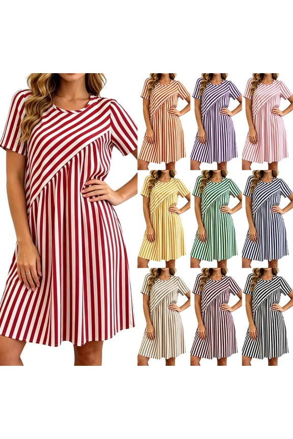Dresses for Women Stripped Dress with Short Sleeves and Round Neck Irregular Spliced Dress Casual Loose Breathable Soft Summer Dresses for Women All-Day Comfortable Wear