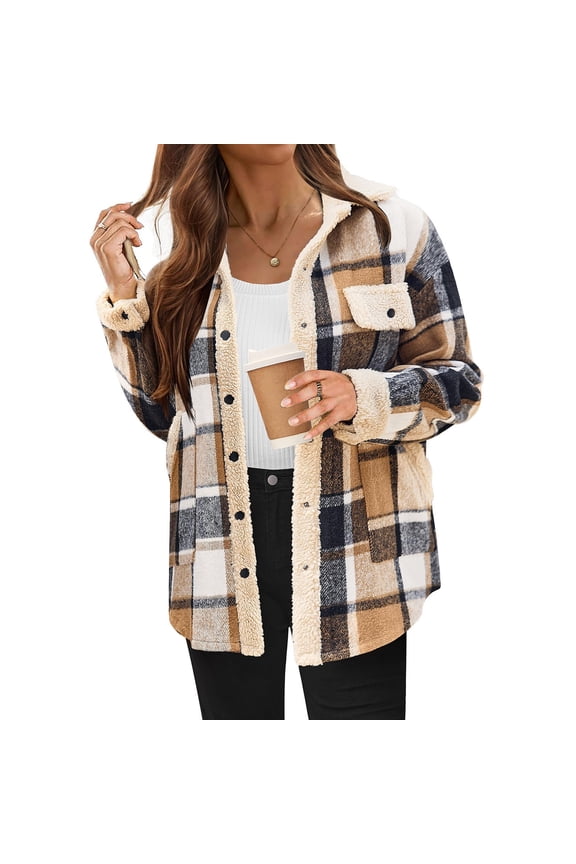 Flannel Plaid Button Down Shirts for Women Fleece Lapel Collar Snap Button Jacket with Pockets Casual Warm Loose Comfy Jacket for Fall Winter Daily Cold Weather Layering Wear