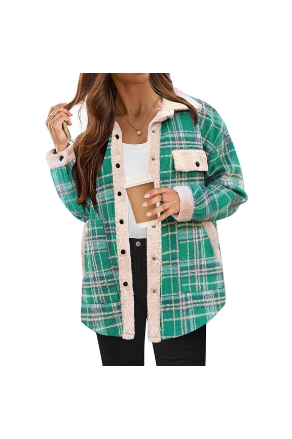 Flannel Plaid Button Down Shirts for Women Fleece Lapel Collar Snap Button Jacket with Pockets Casual Warm Loose Comfy Jacket for Fall Winter Daily Cold Weather Layering Wear