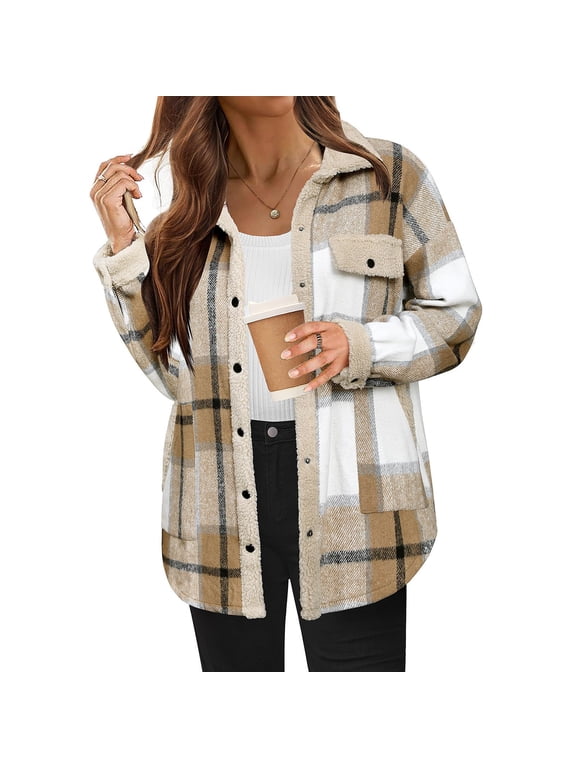 Flannel Plaid Button Down Shirts for Women Fleece Lapel Collar Snap Button Jacket with Pockets Casual Warm Loose Comfy Jacket for Fall Winter Daily Cold Weather Layering Wear