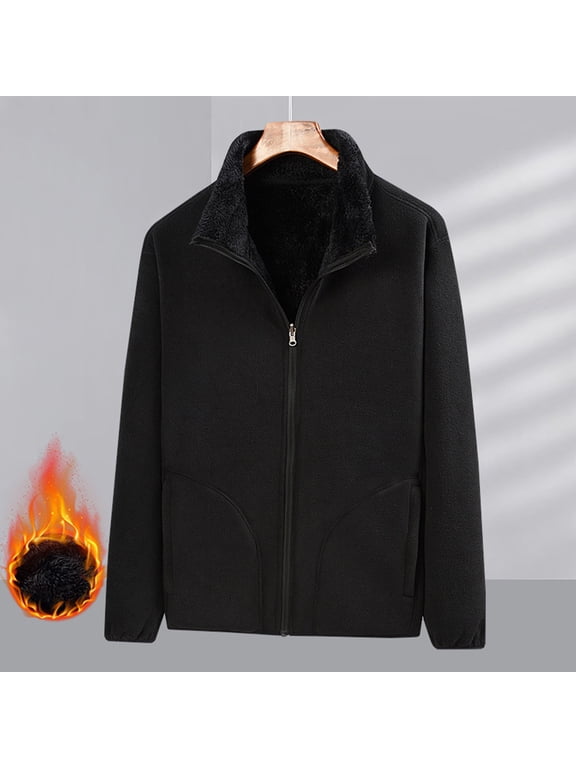 Fleece Jacket for Men Full‑Zip Thick Thermal Stand Collar Jackets Elastic Cuffs Pockets Soft Reversible Jacket for Fall Winter Casual Daily Layering Wear