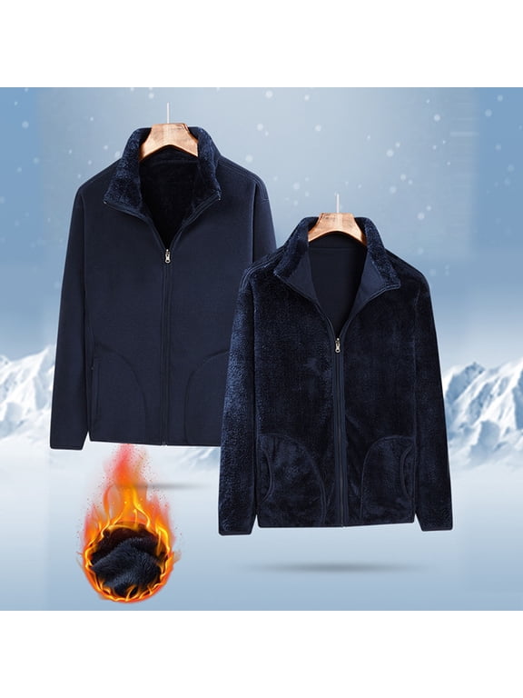 Fleece Jacket for Men Full‑Zip Thick Thermal Stand Collar Jackets Elastic Cuffs Pockets Soft Reversible Jacket for Fall Winter Casual Daily Layering Wear