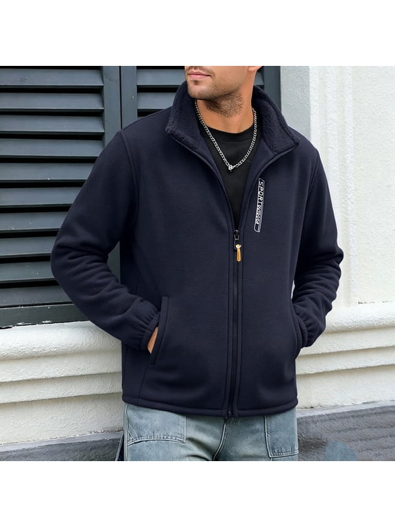 Fleece Jacket for Men Full‑Zip Thick Thermal Stand Collar Jackets with Pockets Soft Cargo Jacket for Fall Winter Outdoors Work Daily Casual Layering Wear