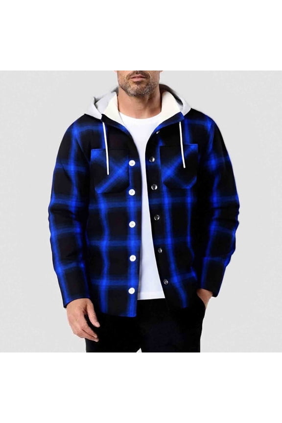 Fleece Jacket for Men Plaid Hooded Shirt Jackets with Chest Pockets Casual Button Down Shacket Loose Comfy for Fall Winter Daily Outing Layering Wear