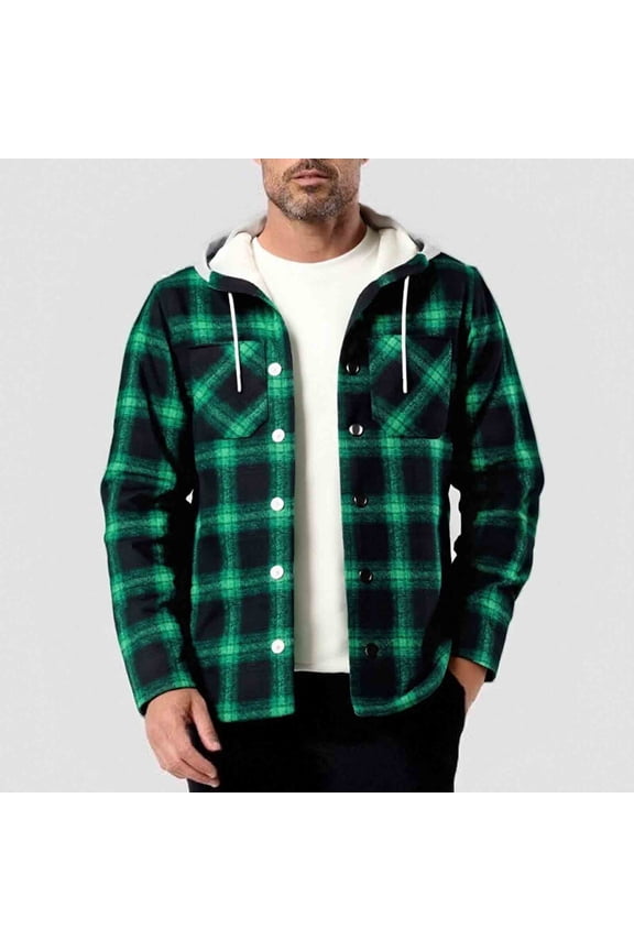 Fleece Jacket for Men Plaid Hooded Shirt Jackets with Chest Pockets Casual Button Down Shacket Loose Comfy for Fall Winter Daily Outing Layering Wear