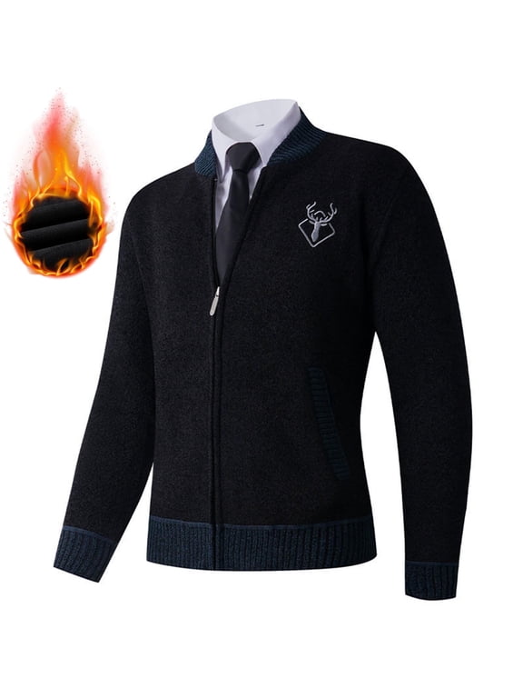 Fleece Jacket for Men Zip‑Up Stand Collar Knit Sweater Jacket with Pockets Casual Thick Thermal Jackets Long Sleeve Outerwear for Fall Winter Warm Daily Wear