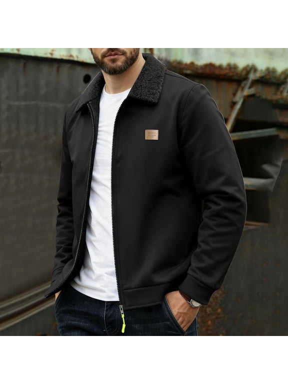 Fleece Jackets for Men Lapel Collar Casual Shacket Long Sleeve Solid Color Warm Loose Jacket with Leather Patch for Fall Winter Daily Business Wear