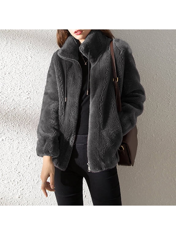 Fleece Jackets for Women Solid Zip Up Jackets Stand Collar Drawstring Long Sleeve Soft Coat with Pockets Loose Warm Casual Jacket for Fall Winter Daily Outdoors Looks