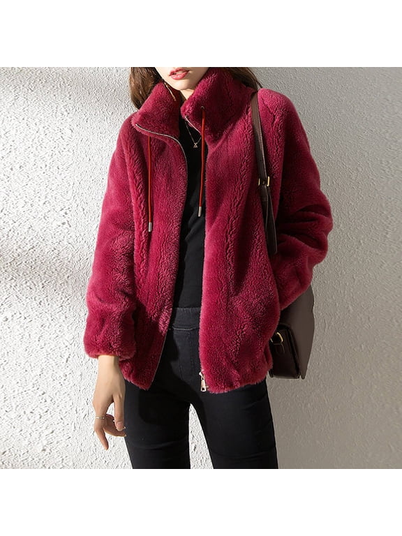 Fleece Jackets for Women Solid Zip Up Jackets Stand Collar Drawstring Long Sleeve Soft Coat with Pockets Loose Warm Casual Jacket for Fall Winter Daily Outdoors Looks