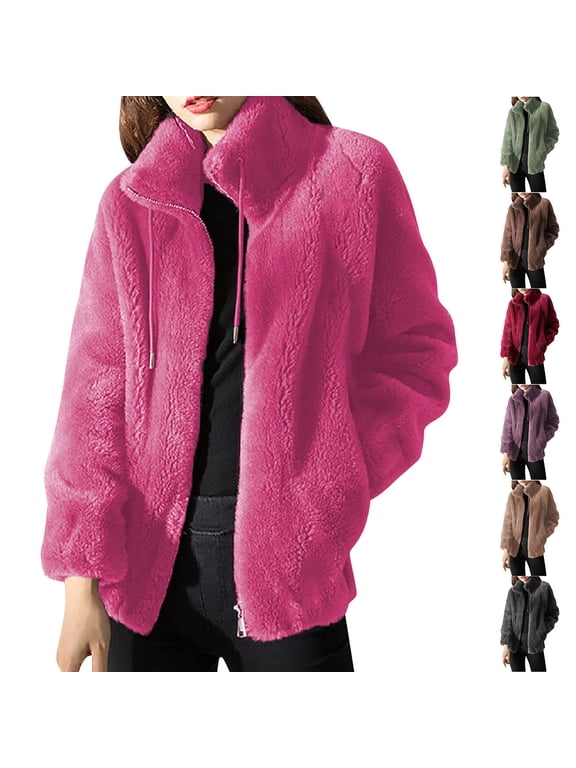 Fleece Jackets for Women Solid Zip Up Jackets Stand Collar Drawstring Long Sleeve Soft Coat with Pockets Loose Warm Casual Jacket for Fall Winter Daily Outdoors Looks