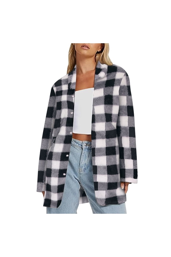Fleece Plaid Cardigan for Womens Long Sleeves Snap Button Turndown Collar Oversized Cardigan Mid-Length Soft Loose Comfy Cardigans for Wmen Fall Winter Cold Weather Layering Wear