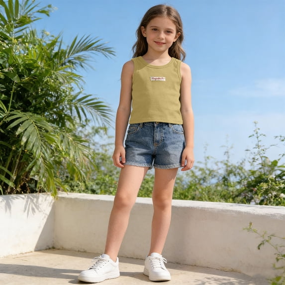 Snorda Girls Tank Tops Summer Kids Solid Color Breathable Sleeveless Soft Cottons Tops Round Neck Basic Top for 12Months-9Years