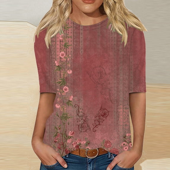 Snorda Half Sleeve Tops for Women Casual Floral printed Elbow Sleeve T-Shirt Soft Loose Basic Pullover Round Neck Short Sleeve Blouse for Daily Comfortable Wear