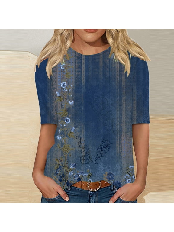 Half Sleeve Tops for Women Casual Floral printed Elbow Sleeve T-Shirt Soft Loose Basic Pullover Round Neck Short Sleeve Blouse for Daily Comfortable Wear