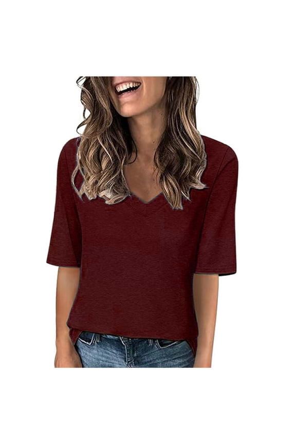 Half Sleeve Tops for Women Casual Solid Color Elbow Sleeve T-Shirt Soft Loose Basic Pullover Round Neck Short Sleeve Blouse for Daily Comfortable Wear