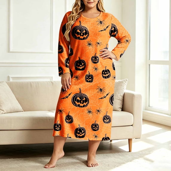 Snorda Halloween Plus Size Dresses for Women Graphic Print Dress Crew Neck Long Sleeve Loose Casual Dresses Fall Winter Dress for Loungewear Holiday Festival Wear
