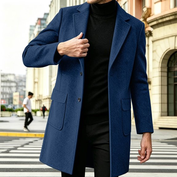 Snorda Jacket for Men Lapel Collar Long Sleeve Jackets Coat with Pockets Loose Fits Elegant Mid Length Trench Coat Warm Casual Outerwear for Cold Weather Layering