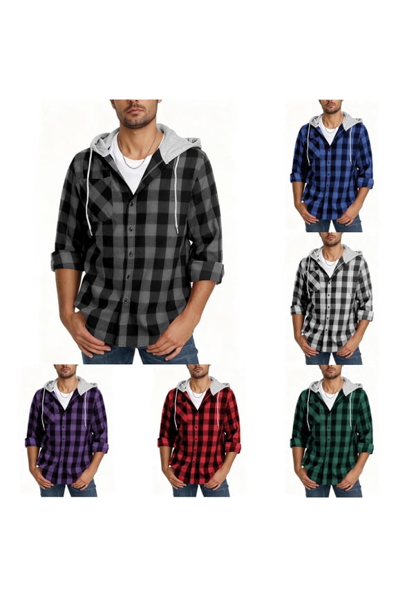 Jacket for Men Plaid Hooded Shacket Long Sleeve Button Down Jacket with Pocket Casual Soft Loose Comfy Shirts Jacket for Fall Winter Daily Wear