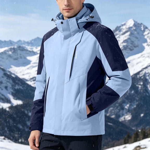 Snorda Jackets for Men Colour-Blocked Hooded Rain Jacket Waterproof Windproof Full Zip Coat with Drawstring Hood and Multi Pockets Comfy Lightweight Jacket for Fall Winter Daily Wear