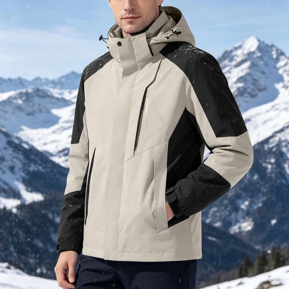 Snorda Jackets for Men Colour-Blocked Hooded Rain Jacket Waterproof Windproof Full Zip Coat with Drawstring Hood and Multi Pockets Comfy Lightweight Jacket for Fall Winter Daily Wear