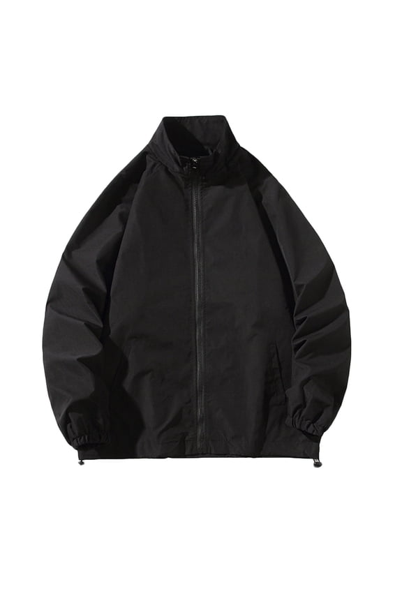 Jackets for Men Stand Collar Lightweight Windbreaker Full Zip Jacket Elastic Drawstring Cuffs and Hem Solid Color Casual Loose Fits Waterproof Jacket for Fall Winter Daily Wear Outing Looks