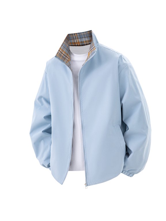 Jackets for Men Stand Collar Lightweight Windbreaker Jacket Plaid Lined Elastic Cuffs Side Pockets Casual Loose Comfy Reversible Jacket for Fall Winter Everyday Wear