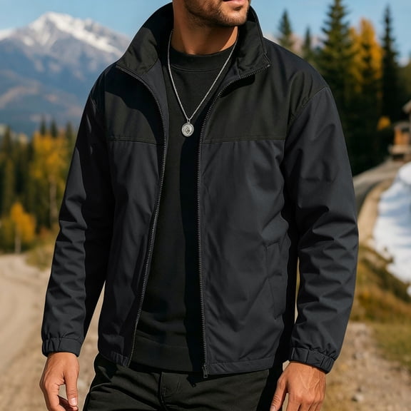 Snorda Jackets for Men Stand Collar Windproof Waterproof Full Zip Rain Jacket with Elastic Cuffs and Pockets Casual Colour-Blocked Light Jacket for Fall Winter Daily Wear Outing Looks