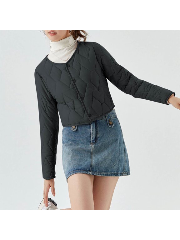 Jackets for Women Crew Neck Cropped Puffer Jacket Snap Button Coat Long Sleeve Thin Outerwear Winter Loose Warm Jacket Coat for Cold Weather Layering