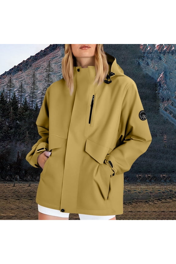 Jackets for Women Hooded Waterproof Rain Anorak Windproof Snap & Zip Front Closure Jacket Solid Color Soft Comfy Pockets Jacket for Fall Hiking Cmping Wear