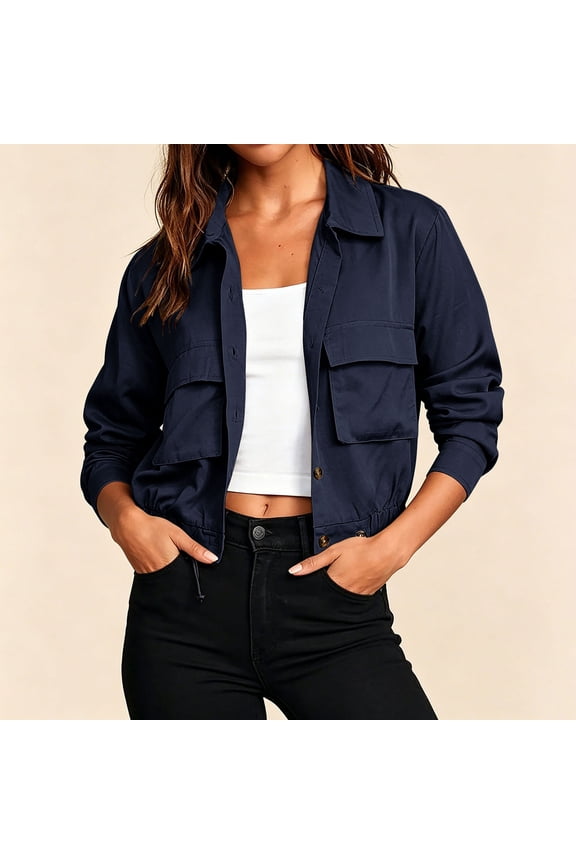 Jackets for Women Lapel Collar Button Up Cargo Cropped Jacket Long Sleeve With Large Chest Pockets Casual Solid Color Loose Comfy Layering Jacket for Fall Daily Wear