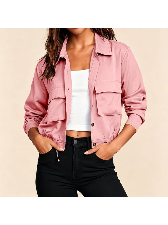 Jackets for Women Lapel Collar Button Up Cargo Cropped Jacket Long Sleeve With Large Chest Pockets Casual Solid Color Loose Comfy Layering Jacket for Fall Daily Wear