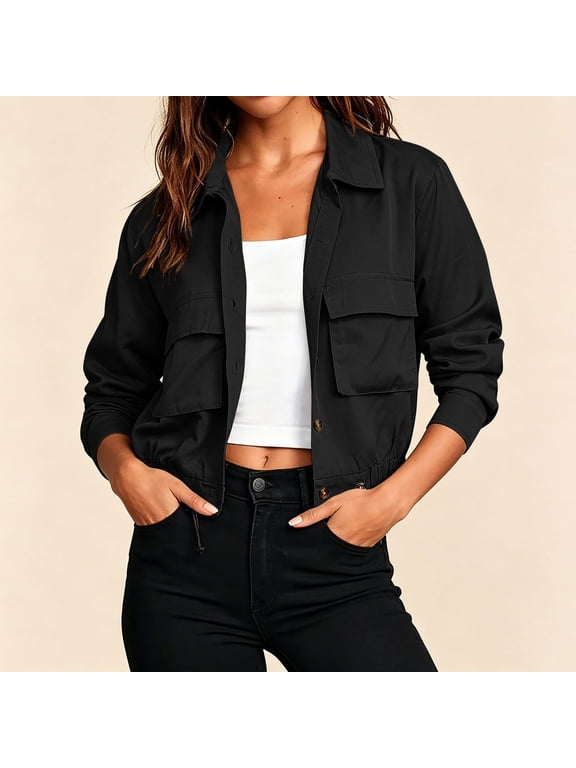 Jackets for Women Lapel Collar Button Up Cargo Cropped Jacket Long Sleeve With Large Chest Pockets Casual Solid Color Loose Comfy Layering Jacket for Fall Daily Wear