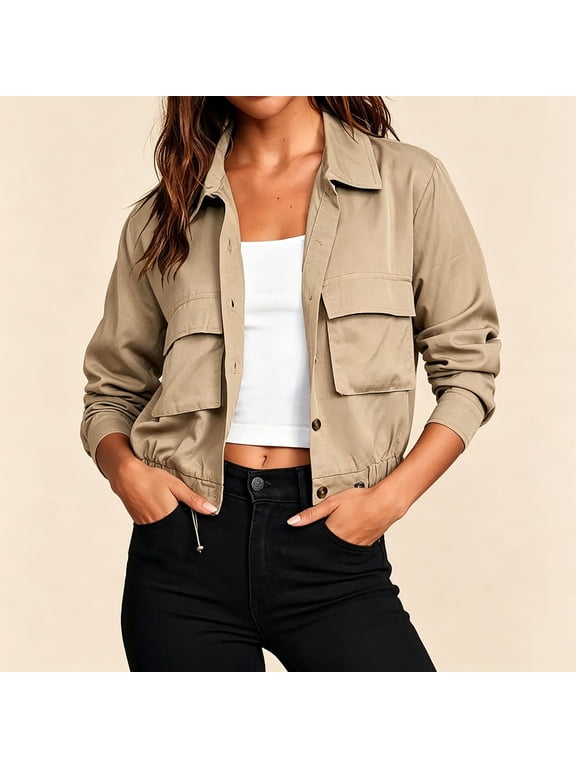 Jackets for Women Lapel Collar Button Up Cargo Cropped Jacket Long Sleeve With Large Chest Pockets Casual Solid Color Loose Comfy Layering Jacket for Fall Daily Wear