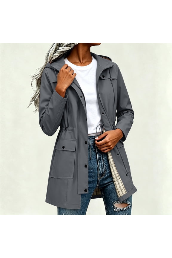 Jackets for Women Mid-Length Hooded Rain Jacket with Plaid Lining Full Zip Waterproof Windproof Jacket with Pockets and Drawstring Waist Solid Color Loos Comfy Jackets for Fall Daily Wear