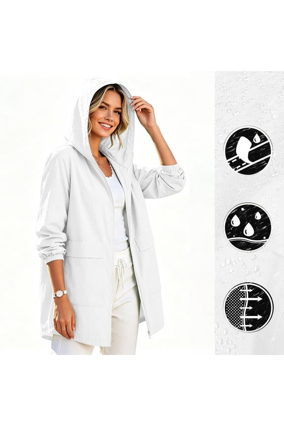 Jackets for Women Mid-Length Hooded Waterproof Windproof Full Zip Rain Jacket with Pockets Solid Loose Soft Quickdry Raincoat for Fall Hiking Camping Wear